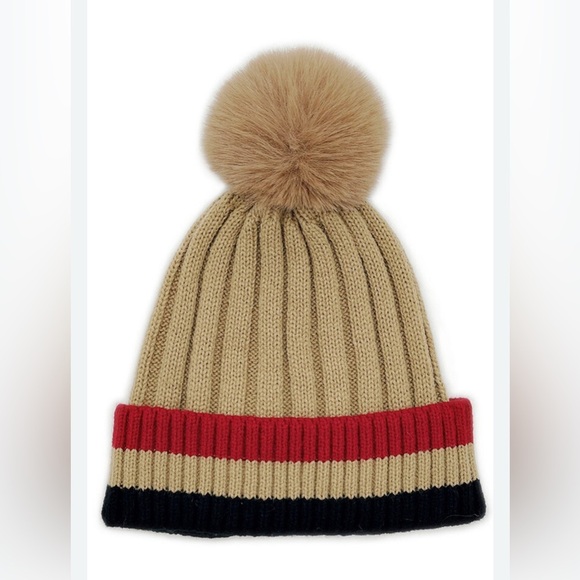 Do everything in love Accessories - D&Y Rib Knit Beanie with Two Tone Cuff and Faux Fur Pom